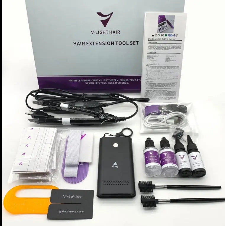 V Light Bulk Hair Extension UV Set Kit includes tools and accessories for seamless hair extensions application.