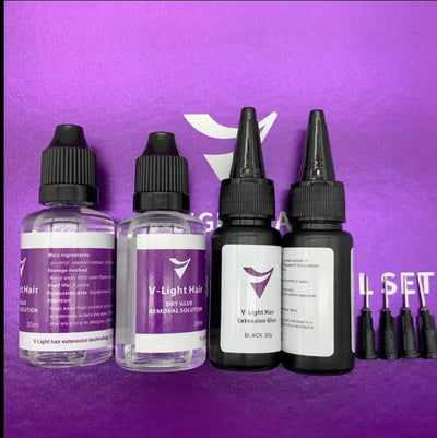 Best Selling V Light Bulk Hair Extension UV Set Kit with glue, removal solution, and precision applicators for easy use.