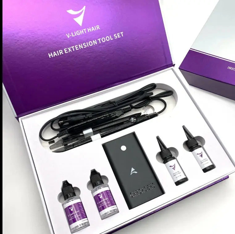 V Light Bulk Hair Extension UV Set Kit with tools and products in a stylish purple box for easy hair extensions.