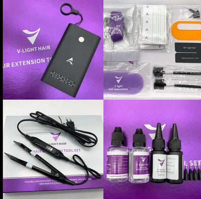 Best Selling V Light Bulk Hair Extension UV Set Kit includes tools for efficient hair extensions by V-Light Hair.