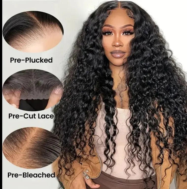 Model wearing 200% density 13x6 wave glueless human-hair lace wig with natural curls.