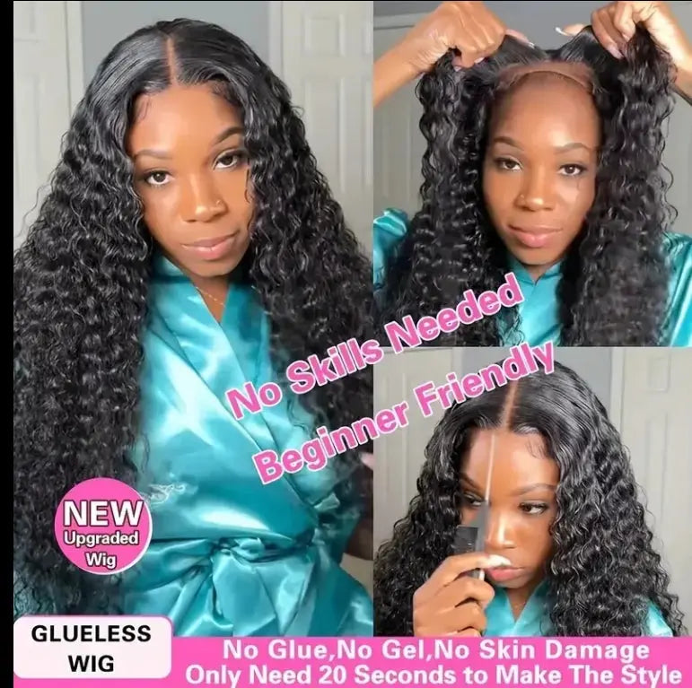 Woman wearing 200% density Ready Go glueless 13x6 wave human hair wig, natural and beginner-friendly.