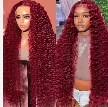 Two women modeling burgundy 13x6 wave glueless human-hair wigs with 200% density