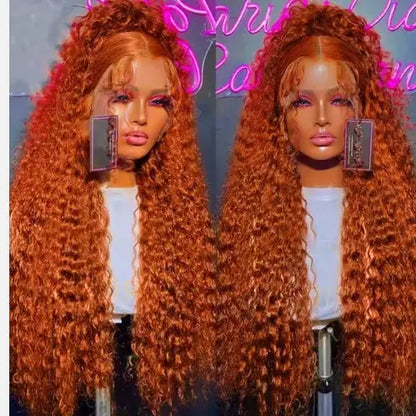 Two mannequins wearing copper-orange 13x6 wave glueless human hair wigs with 200% density.