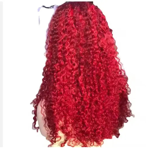 Red 13x6 lace-front wig, 200% density, glueless, human-hair, curly wave on mannequin back view