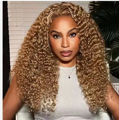 Blonde Ready Go glueless 13x6 wave wig, 200% density, 100% human hair, natural-looking curls.
