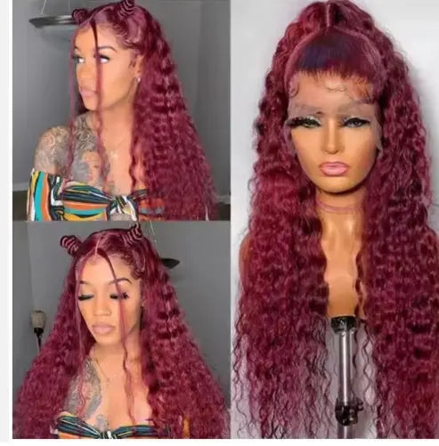 Burgundy 200% density 13x6 wave glueless human hair wig on a mannequin head.
