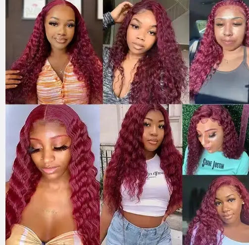 Collage of models wearing 200% density Ready Go glueless human hair wig, 13x6 wave, burgundy.