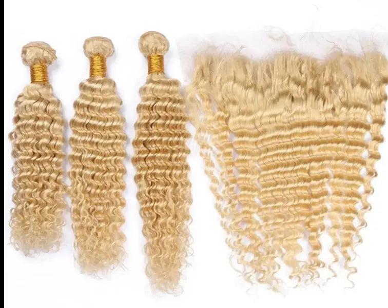 Celebrity Hair & Beauty Russian Blonde 613 Remy Hair Weave Deep Wave – 100 Percent Virgin With Frontal Closure.
