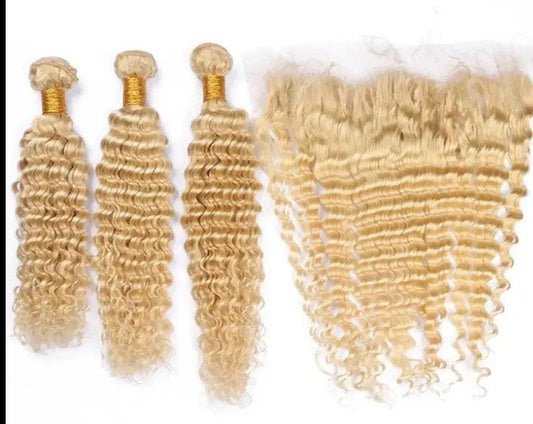 Celebrity Hair & Beauty Russian Blonde 613 Remy Hair Weave Deep Wave – 100 Percent Virgin With Frontal Closure.