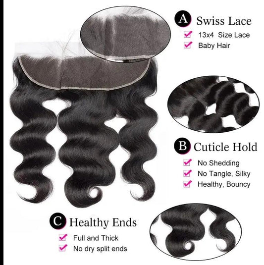 Body Wave HD lace free-part closure with 13x4 Swiss lace, baby hair, Remy 12A human hair, natural black