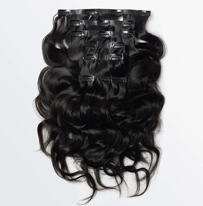 Celebrity Hair & Beauty 18-22 inch body wave seamless clip-in hair extensions, showing smooth, natural-looking hair with clips attached.