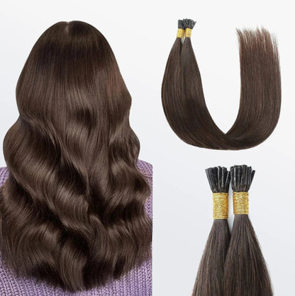 I-tip Remy human hair extensions, #8 Light Brown; 100 strands/bundle, 100 g total, bead-applied.