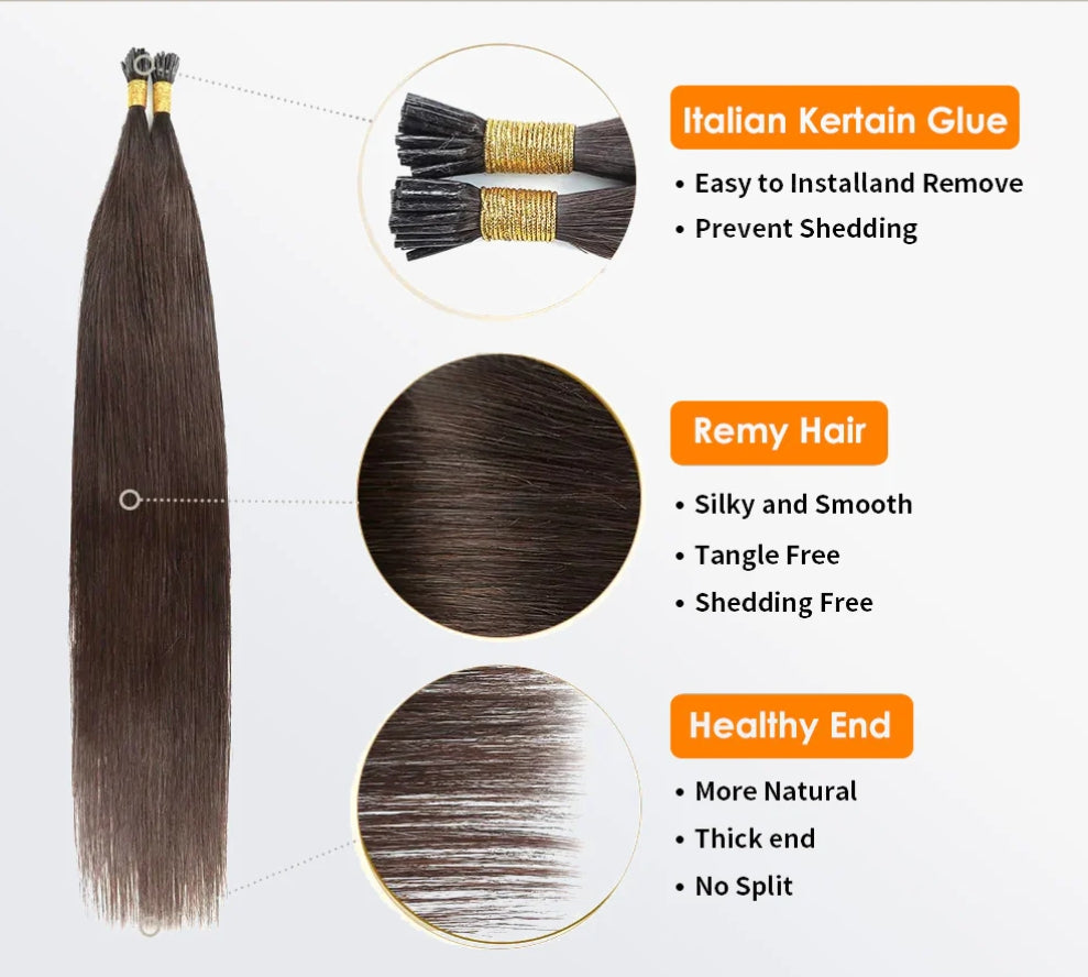 I Tip Hair Extensions #8 Light Brown, Natural Remy Human Hair, 100g bundle with beads and keratin glue.