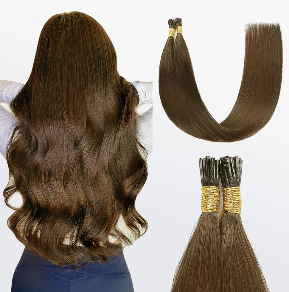 I-tip straight Remy hair extensions #8 light brown, 100 strands per bundle, 100 g total, bead-applied.