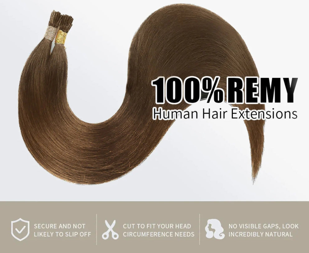 I-tip Remy straight hair extensions in #8 light brown, 100g total, 100 strands × 1g, bead-secured installation.