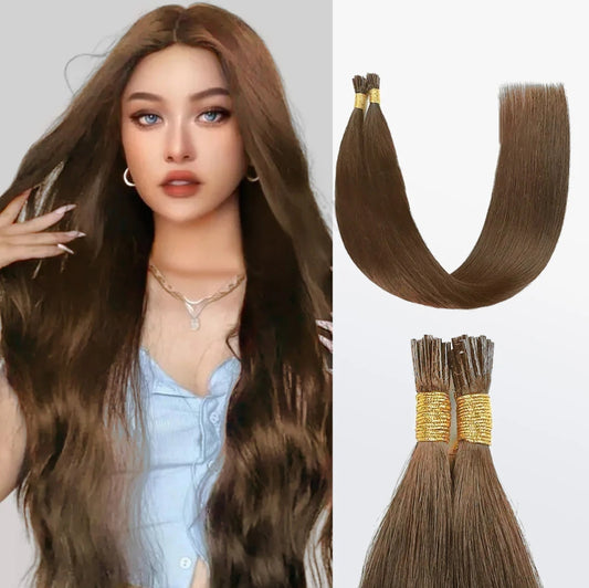 I-tip straight natural Remy human hair extensions #8 Light Brown, 100 strands (1g each, 100g total) with beads.