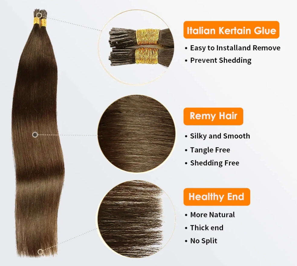 I-tip Remy human hair extensions, straight, #8 Light Brown, 100 strands (100 g), bead-applied installation.