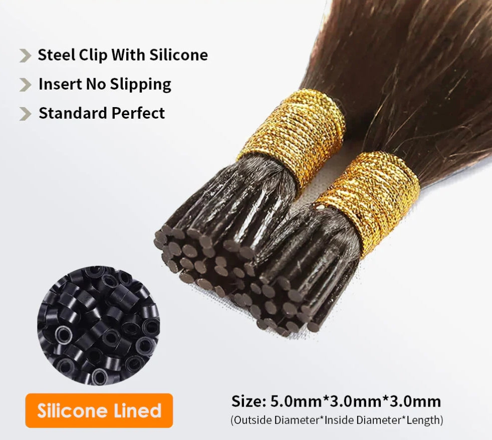 I-tip Remy hair extensions, straight, #8 light brown; silicone-lined beads, 100 strands (100 g)