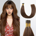 Natural Remy human hair I tip extensions in chocolate brown (#4) from Celebrity Hair & Beauty with sleek, smooth hair strands.