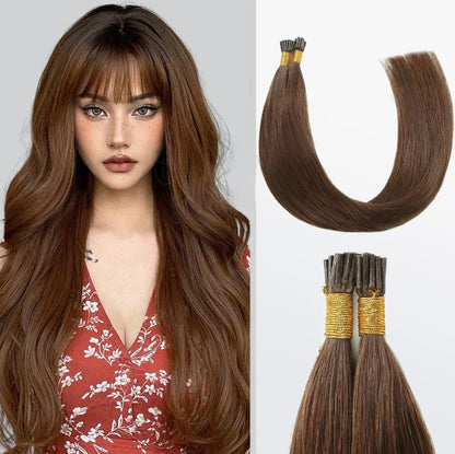 Natural Remy human hair I tip extensions in chocolate brown (#4) from Celebrity Hair & Beauty with sleek, smooth hair strands.