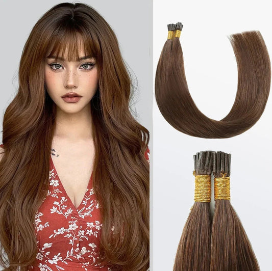 Natural Remy human hair I tip extensions in chocolate brown (#4) from Celebrity Hair & Beauty with sleek, smooth hair strands.