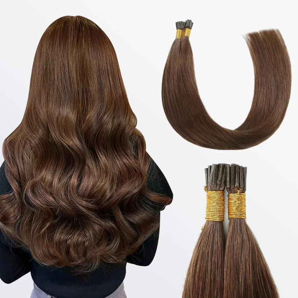Natural Remy human hair I Tip extensions in #4 Chocolate Brown by Celebrity Hair & Beauty, shown in a close-up image.