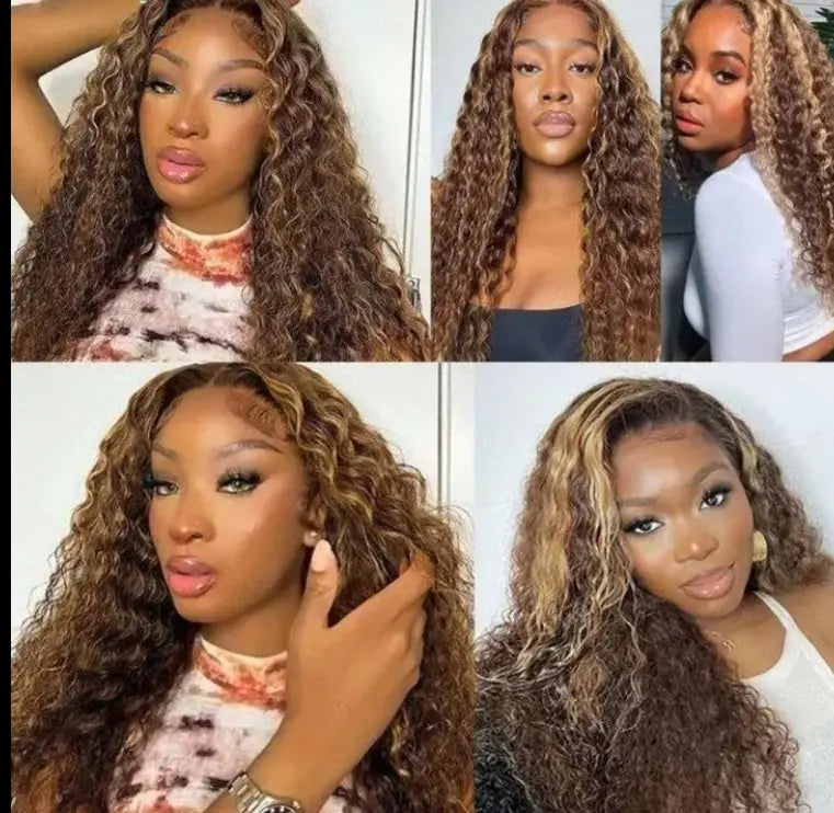 Highlight Deep Wave Lace Front Wig P4/27 Honey Blonde Brown offers stunning styles with natural pre-plucked hairline.