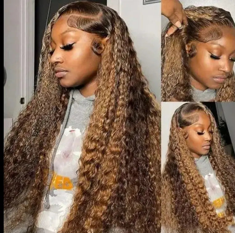 Stylish Highlight Deep Wave Lace Front Wig P4/27 Honey Blonde Brown for a stunning look in Brazilian Remy hair.
