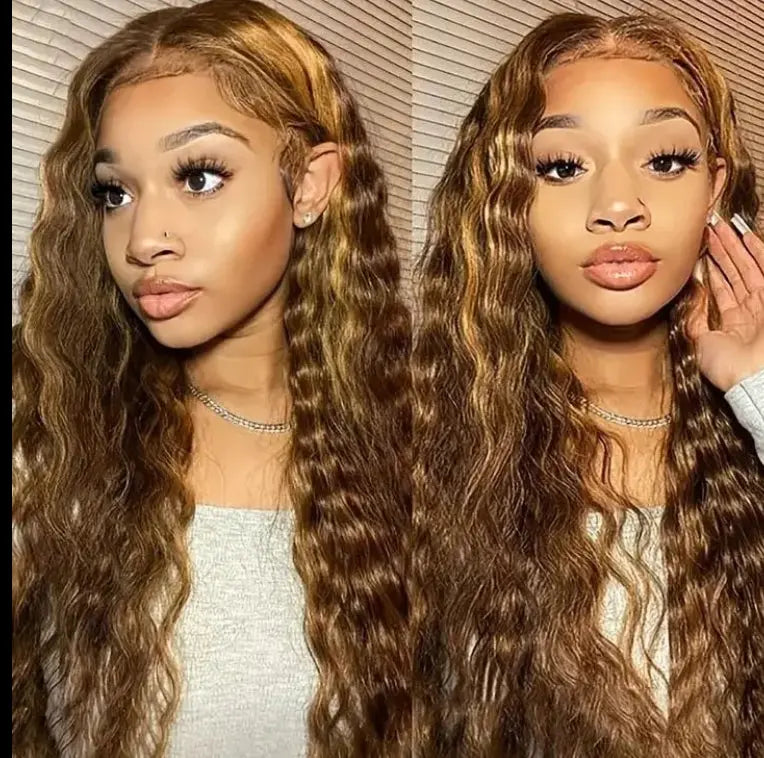Stylish Highlight Deep Wave Lace Front Wig P4/27 in honey blonde brown for a natural look, perfect for any occasion.