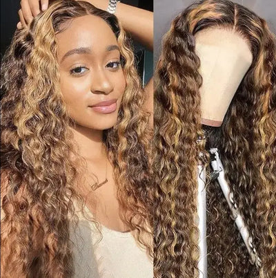 Highlight Deep Wave Lace Front Wig P4/27 Honey Blonde Brown Pre Plucked Brazilian Remy Lace Frontal for effortless style.