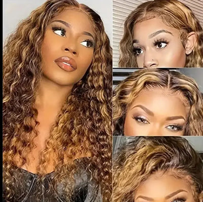 Stylish Highlight Deep Wave Lace Front Wig P4/27 Honey Blonde Brown enhances any look with natural shine and volume.