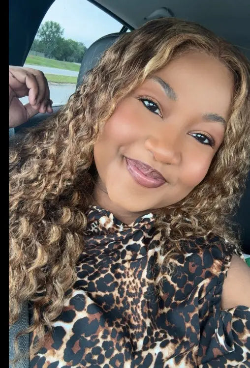 Stylish woman wearing Highlight Deep Wave Lace Front Wig P4/27 Honey Blonde Brown for a stunning look.