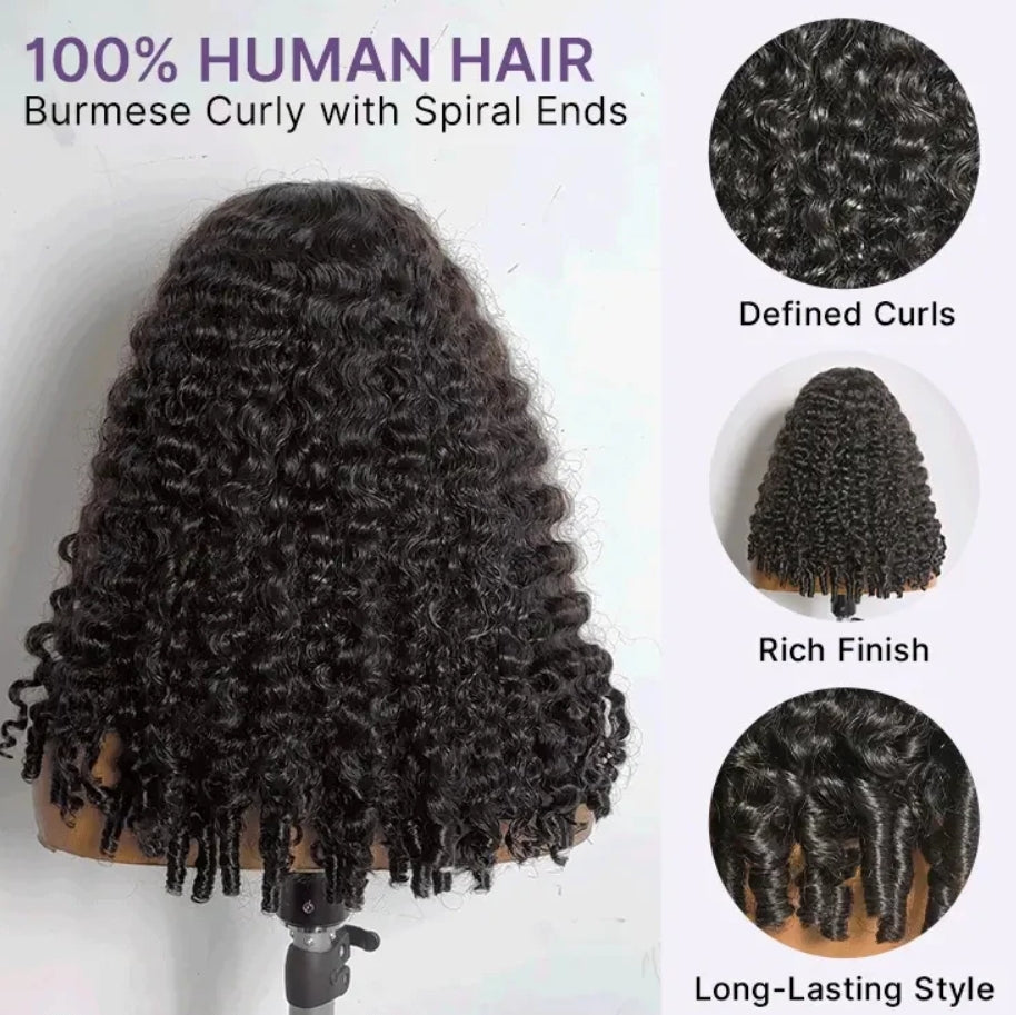 180% density Burmese curly 30'' lace frontal wig, 13x6 lace, glueless 3D cap, pre-bleached, natural black #1B.