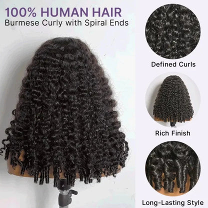180% density Burmese curly 30'' lace frontal wig, 13x6 lace, glueless 3D cap, pre-bleached, natural black #1B.