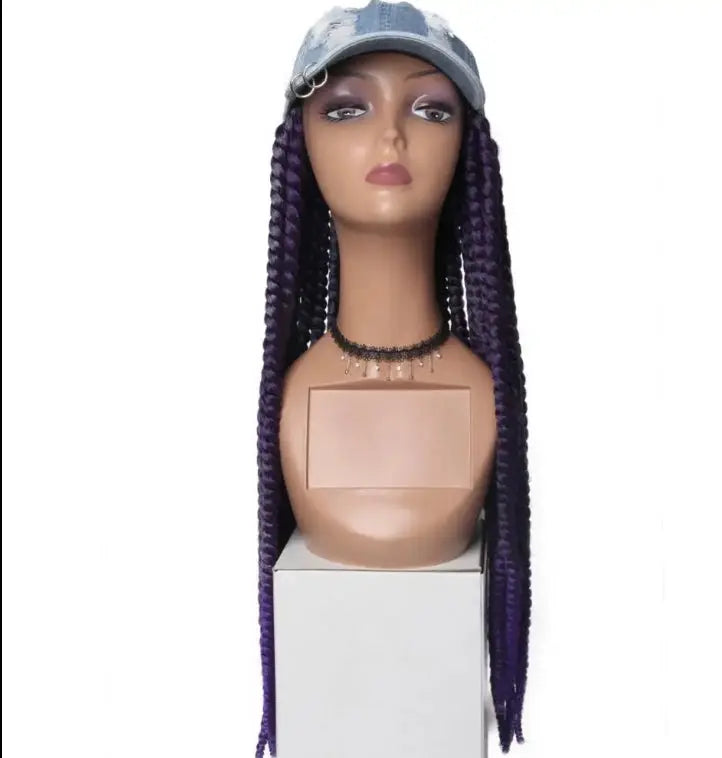 Twist Hair Wigs Synthetic Black Hat Attached Hat With Baseball Hat With Goddess Locs, featuring stylish purple locs.