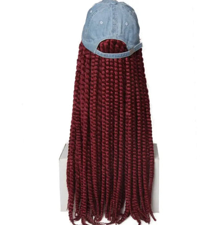 Twist Hair Wigs Synthetic Black Hat Attached Hat With Baseball Hat With Goddess Locs in vibrant burgundy style.