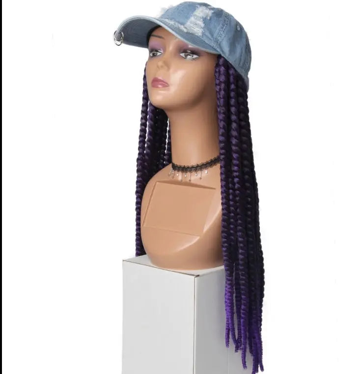 Twist Hair Wigs Synthetic Black Hat Attached Hat With Baseball Hat With Goddess Locs styled on a mannequin.