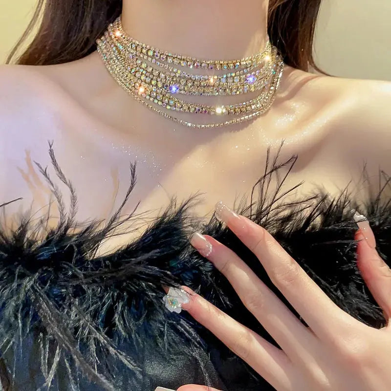 Multilayer Gold Color Chain Rhinestone Necklaces
