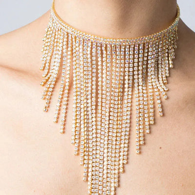 Long Tassel Choker Necklace Rhinestone Jewelry Necklace Collar