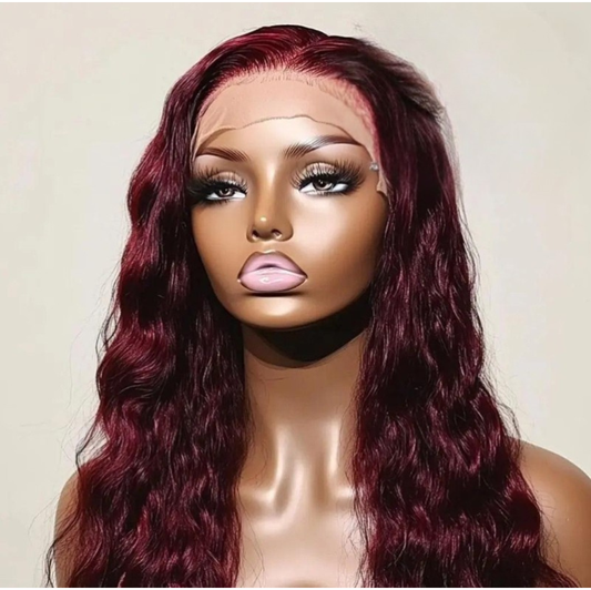Celebrity Hair & Beauty Cranberry Lust 99J/Burgundy 13x4 lace wig with natural wave, pre-plucked knots, full 180% density, human hair