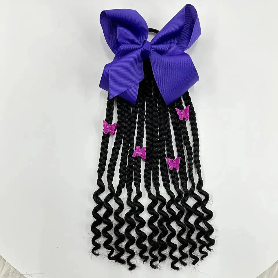 Kids Braided Ponytail with Beads and Bow Kids Hair Extension Ponytail with Curly End for Girls Black Girl Hair Accessories Purple One Size