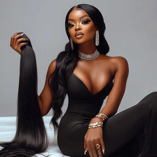 Model with long straight black hair holding Raw Vietnam Hair Bundles Straight 10-30 inches.