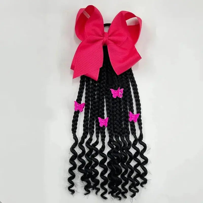 Kids Braided Ponytail with Beads and Bow Kids Hair Extension Ponytail with Curly End for Girls Black Girl Hair Accessories
