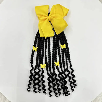 Kids Braided Ponytail with Beads and Bow Kids Hair Extension Ponytail with Curly End for Girls Black Girl Hair Accessories Yellow One Size
