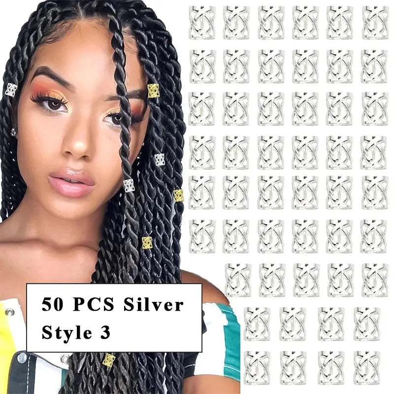 8*9mm Golden/Silver Hair Cuffs Loc Rings for Braids, Hair Clips Multi Style Metal Dreadlock Hair Beads Accessories Decoration 50PCS S Style 3
