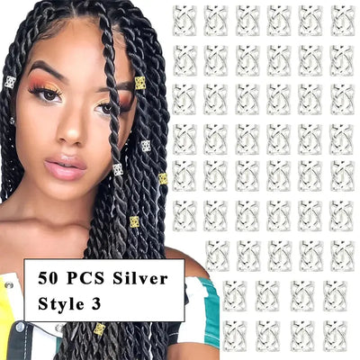 8*9mm Golden/Silver Hair Cuffs Loc Rings for Braids, Hair Clips Multi Style Metal Dreadlock Hair Beads Accessories Decoration 50PCS S Style 3