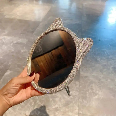 Sparkling Rhinestone Handheld mirror Cat ears Portable Desktop Makeup Mirror Mini Fold Salon Compact Mirrors Beauty Tools Gift