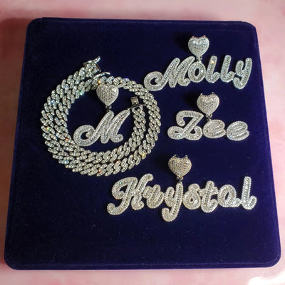 Icy Heart Bail Custom Brush Cursive Letter Name Necklace Pendant Hot Trendy Accessories Personalized Gift for Her Women's Jewel 20 Inches