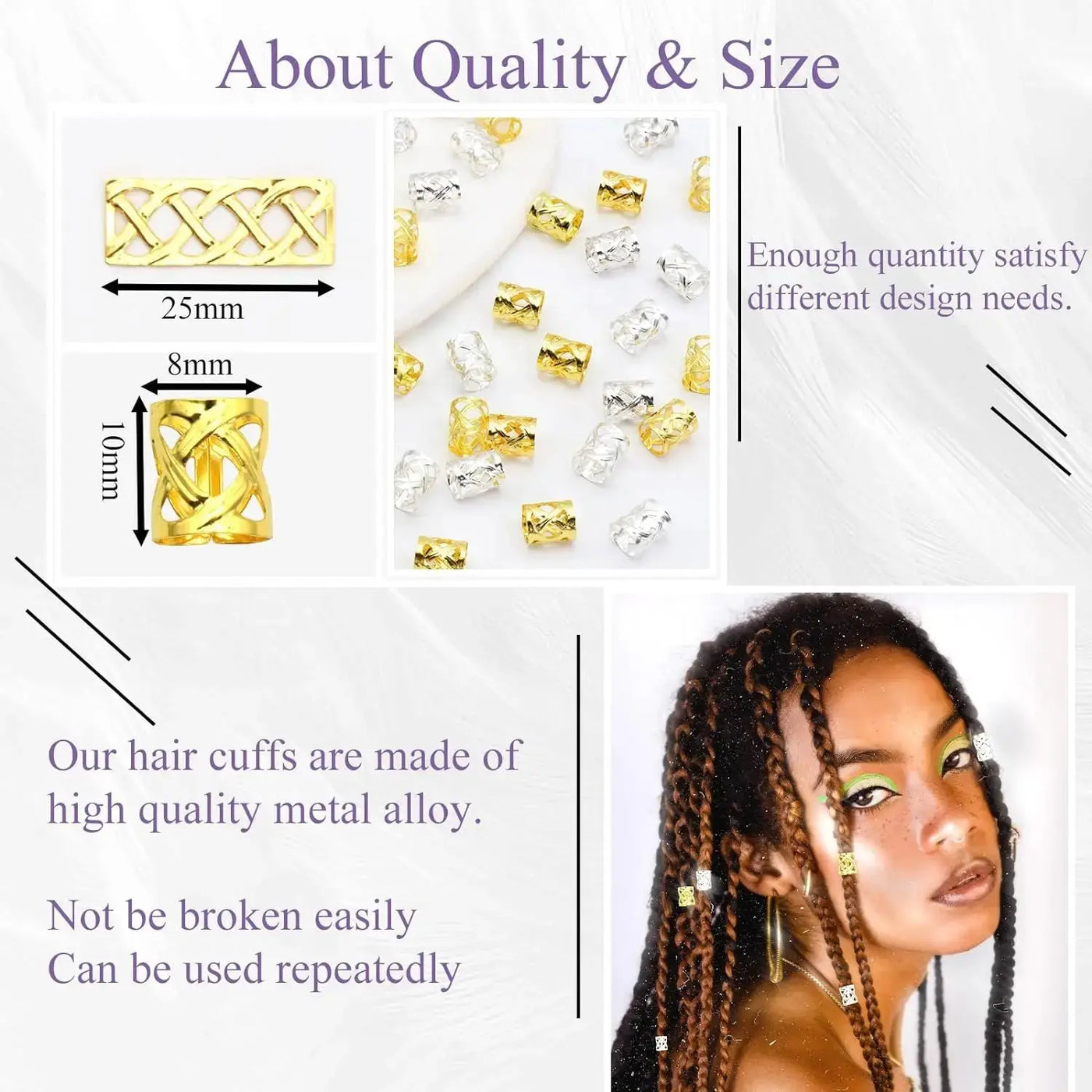 8*9mm Golden/Silver Hair Cuffs Loc Rings for Braids, Hair Clips Multi Style Metal Dreadlock Hair Beads Accessories Decoration